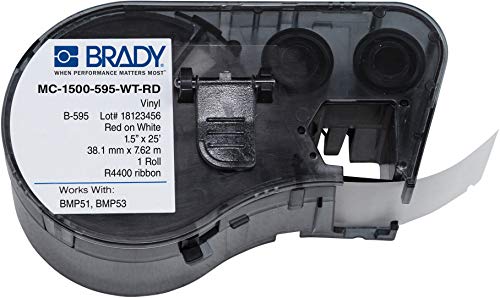 Brady MC-1500-595-WT-RD Vinil B-595 Vermelho no cartucho de fabricante de etiquetas brancas, 25 'largura x 1-1/2 de altura,