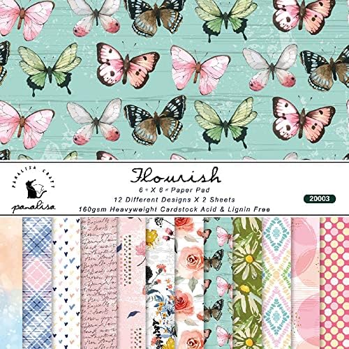 Vondyu 24 lençóis séries de flores Butterfly Scrapbook Designer Pads de papel, 6 x6 Butterflies de borboletas de padrão