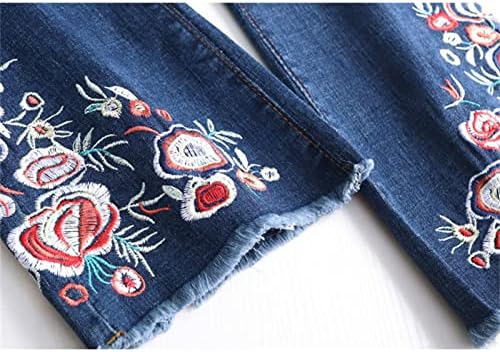 Maiyifu-gj feminino floral bordado skinny flare jeans jeans alta cintura sino calça jeans de jeans lavados destruídos bainha