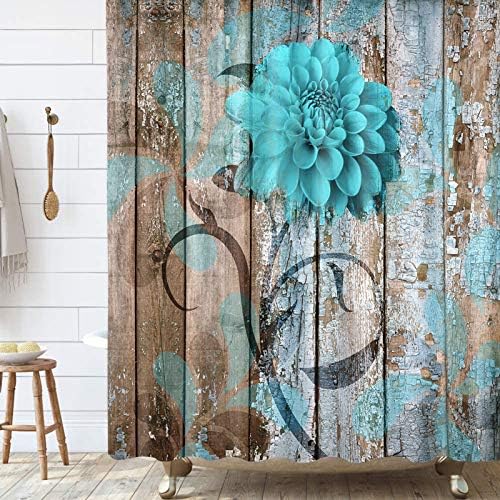 Cortina de chuveiro de flor rústica Jawo, teal dahlia charn wood wood househhouse cortina de cortina, cortina de tecido