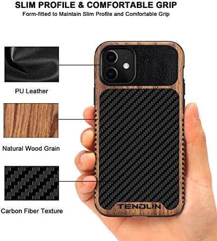 Tendlin Compatível com iPhone 11 Case Wood Grain com fibra de carbono Design de couro Hybrid Case