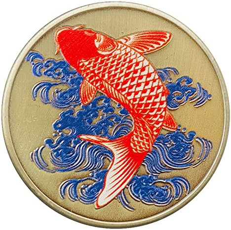 Moeda de sorte para afirmações positivas - moeda de latão com design de peixes koi e texto motivacional gravado, diâmetro