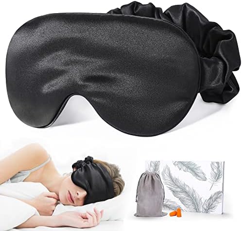 Freshme Pure Mulberry Silk Sleep Mask para bloqueio de luz, tampas pretas macias de vendência com alça ajustável confortável,