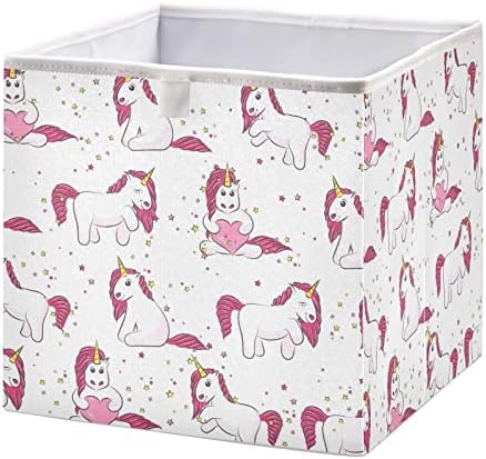 Poeticcity Pink White Magical Unicorns com estrelas amarelas Coração rosa na caixa de cesto de armazenamento quadrado