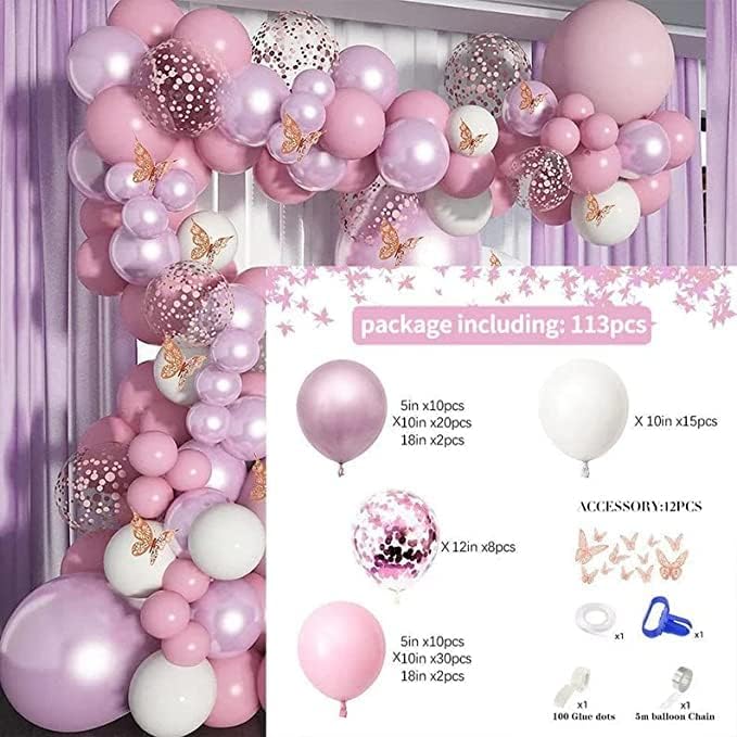 Kit de arco de balão de borboleta rosa, 113 pcs Balão de confetes metálicos, chá de bebê, aniversário de menina, decoração de