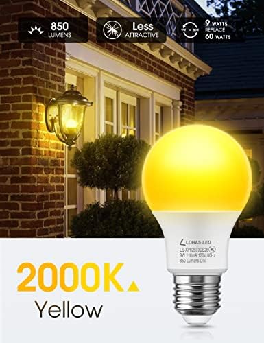 Lâmpada de inseto LED LED LED 60watt equivalente, lâmpadas amarelas de 9w Bulbos ao ar livre, 2000k Amber Light Light Nonatracting,