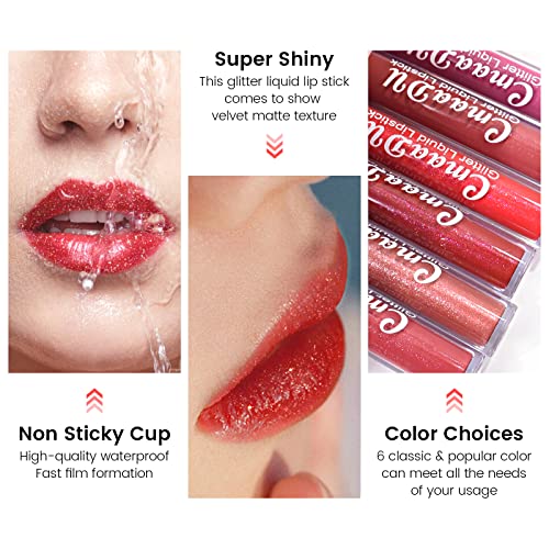 Freeorr 6 Cores Lipstick Glitter, brilho labial glitter, mancha de lábios foscos/glitter Filming Fast Fasting Longa