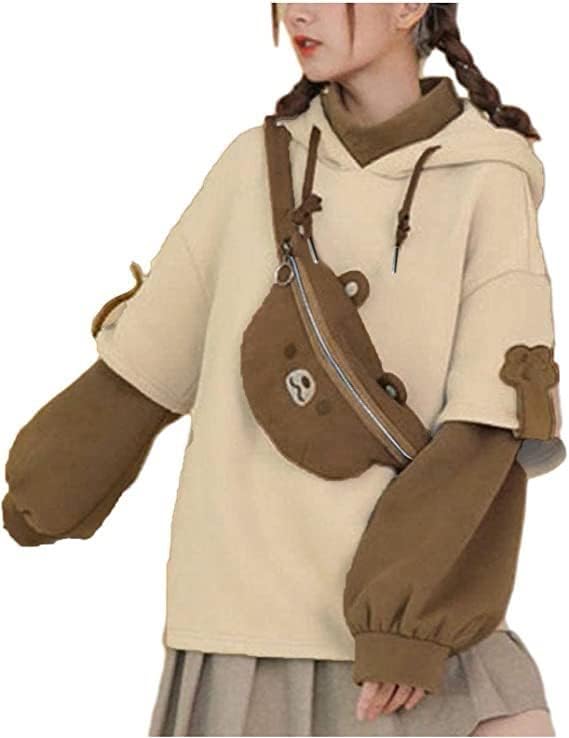 Capuz de urso para mulheres meninas cosplay moletons de animais de retalhos de retalhos de retalhos de 2 peças com bolsa