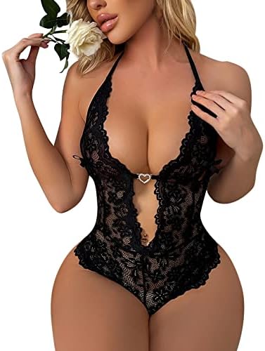 Mulheres Lingerie Sexy Cruthless Bodysuit Floral Lace Teddy One Piece Deep V Halter Babydoll Sleepwear para sexo travesso