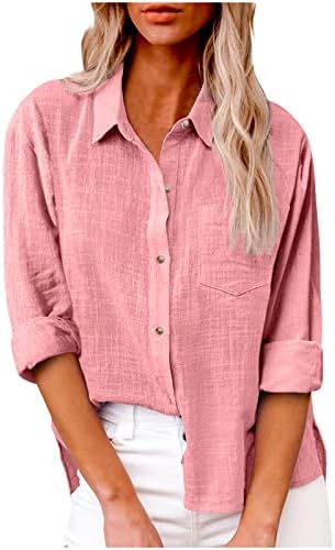 Camas de botão do pescoço para mulheres para mulheres, blusa de camiseta de manga comprida Tops de linho de algodão Tops sexy de tamanho