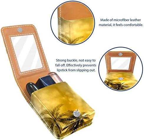 Mini estojo de batom com espelho para bolsa, Dreamy Golden Coco Island Portable Case Holder Organization