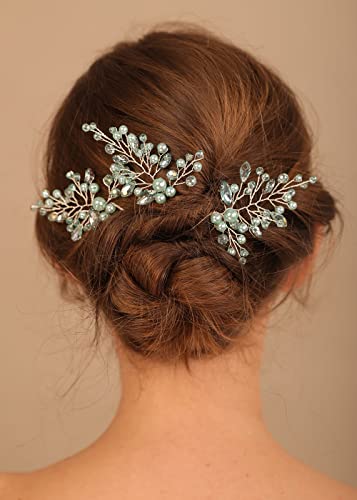 Denifery 3pcs Bride Wedding Green Hair Pins Silver Crystal Hair Clip