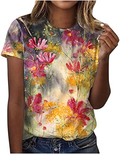 Camisa de blusa de verão no outono para mulheres 2023 Manga curta Crew pescoço de pescoço algodão gráfico Floral Lounge Top F8 F8