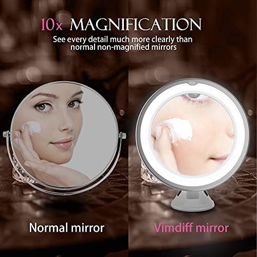 Espelho de maquiagem de ampliação de 10x de vimdiff com luzes, espelho de maquiagem iluminada por ampliação cosmética