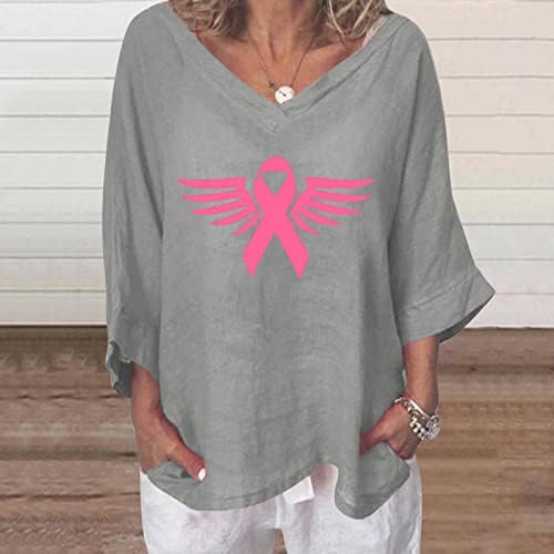 3/4 de manga Camisa de conscientização sobre câncer de mama para mulheres rosa fita anjo impressão tee gráfica V
