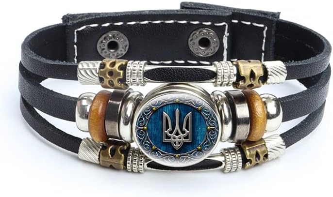 Pulseira de charme da bandeira da Ucrânia, The Tryzub Trident - Brasão de armas da Ucrânia com pulseira de couro PU Glass