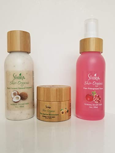 Trio Shira Shir -Organic para a pele normal a seca - limpador de aveia de coco, toner de romã e hidratante de damasco