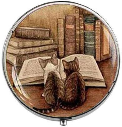 Livros e gatos vintage - Caixa de comprimidos de amante de livros - Bibliotecária Bibliófila Caixa - Caixa de Candy de Vidro