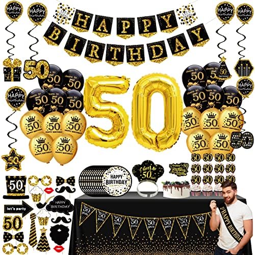 Decorações de aniversário de 50 anos para homens Mulheres - banner de festa de ouro preto, flâmula, redemoinho pendurado, balões de