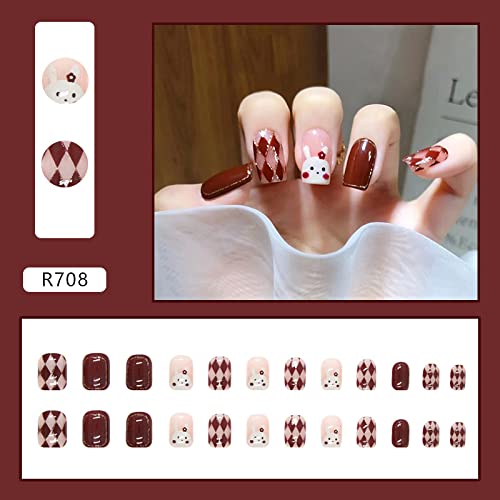 Rabbit Caramel Reddish Brown Diamond Verifique as unhas falsas cola em unhas falsas, manicure artificial de dedos, unhas