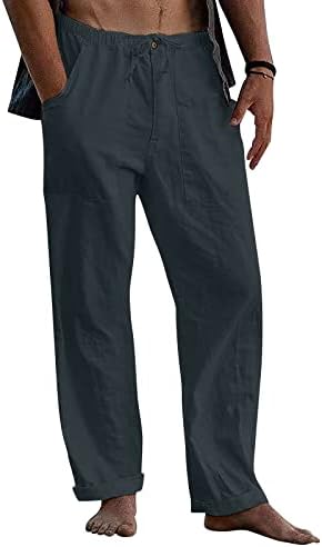 Calças masculinas, calça de linho de algodão masculina elástica cintura leve calças casuais de ioga de ioga com bolsos