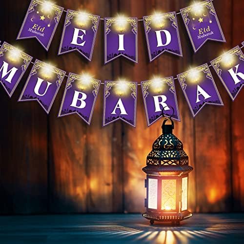 Eid Mubarak Paper Banner Eid Mubarak Bunting Banner com Modos de Flicker Light String Light 3 Fairy, Celebração Eid pendurada Decoração