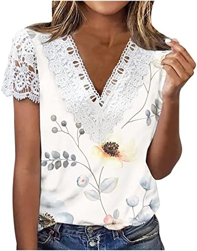 Tampas elegantes de verão para feminino de renda vin -pescoço blusa floral estampado de manga curta camiseta casual camisas