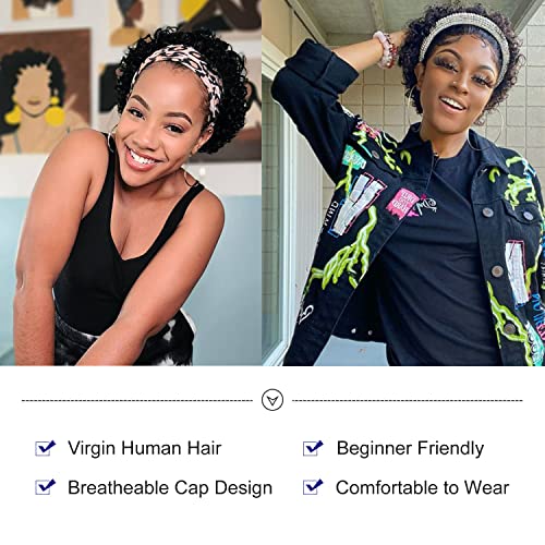 ROFA Beleza curta Curly Fand Wig Human Hair Wigs para mulheres negras Pixie Cut Half Wigs sem glueless 150% densidade natural preto