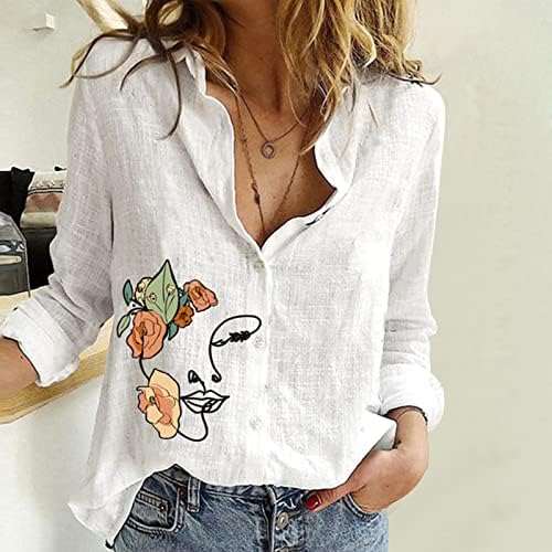 Camisas do botão de linho de algodão de verão feminino, 3/4 de manga casual casual fixo solto lapela vintage tee