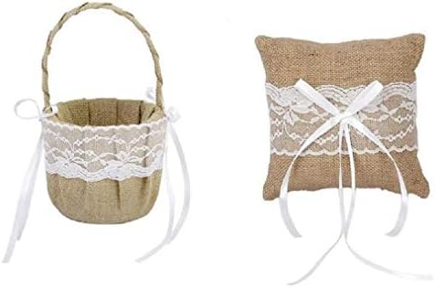 O Crafty Owl Burlap Jute & Lace Flower Basket, Pillow portador de anel conjunto