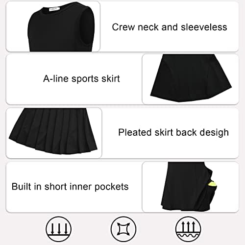 Lionjie Girls Salia de plissada atlética sem mangas Conjunto com shorts embutidos-Tennis Golf Dress Solid Sport Fort