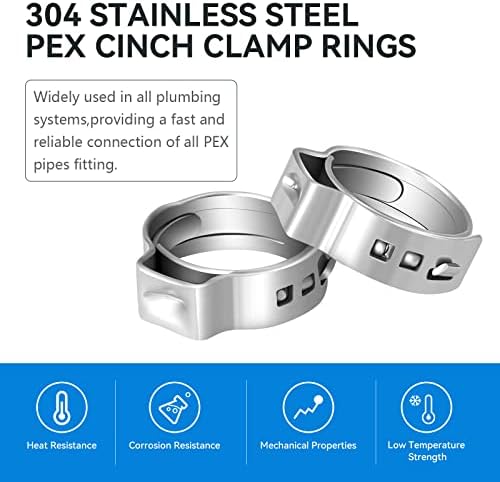 Guofis 50 pacote de 1/2 polegada PEX Cinch Rings, premium 304 anel de crimpagem de aço inoxidável PEX, fixação de ajuste