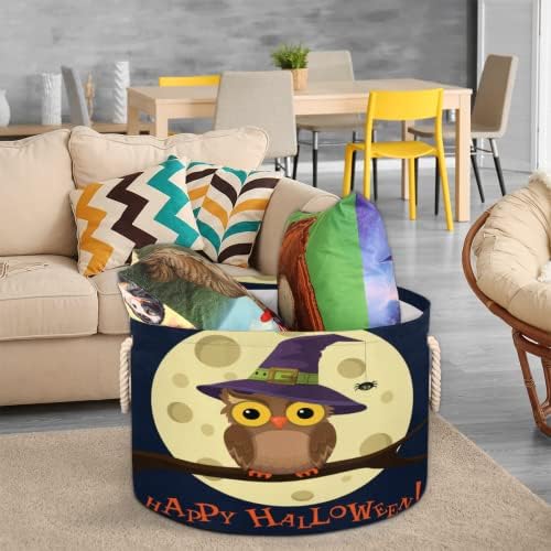 Coruja de Halloween em chapéu grande cestas redondas para cestas de lavanderia de armazenamento com alças cestas de