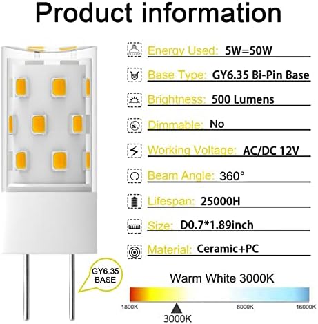 Taiyaloo Gy6.35 LED BULB 5W Equivalente a bi-pinos de 50W Base de halogênio Bulbo, AC/DC 12V A quente branco 3000k para luz pendente,