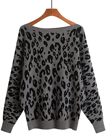 Casmeu de caxemira feminina impressão de leopardo solta um pescoço de manga comprida tricô de suéter suéter superior suéteres