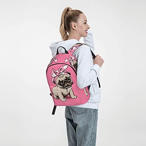 Fehuew 16 polegadas Backpack fofo Pink Cartoon Pug Backpack Backpack Full Print School Bookbag Bag para viajar Daypack