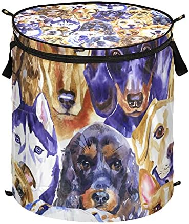 Diferentes cães estouraram cesto de roupa com tampa de zíper cesta de lavanderia dobrável com alças Organizador de roupas de cesta
