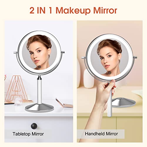 Espelho de maquiagem iluminado com ampliação, espelho de ampliação de 1x 10x com luz de tapinha de mesa dupla de 8 '' HD, espelho