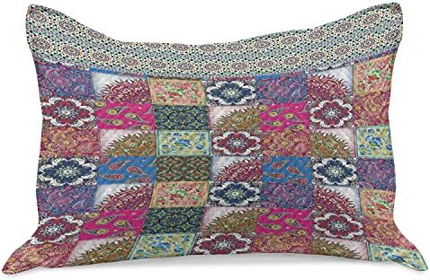 Ambesonne Boho maconha colcha de travesseira, padrão de retalhos orientais com motivos vívidos em quadrados, capa padrão de travesseiro