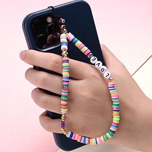 Isysuii Phone Charm Strap, tira de telefone com miçangas para mulheres meninas adolescentes letra de olho mal pérola arco-íris colorido