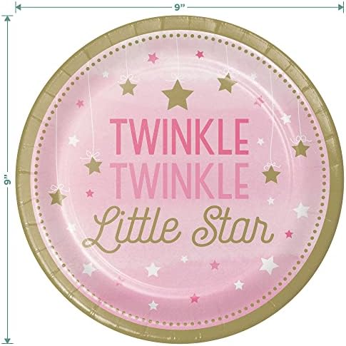 Twinkle Little Star Pink e Gold Paper Placas, guardanapos de almoço e garfos para meninas 1º aniversário e chá de bebê