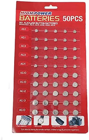As baterias de células alcalinas Cotchear 50pcs variaram 1,5 volts AG1/LR621 AG3/LR41 AG4/LR626 AG10/LR1130 AG12/LR43 AG13/LR44