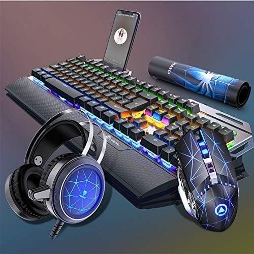 Teclado de jogos mecânicos e combinação de mouse com fone de ouvido para jogos para PC, LED multicolor LED LIDA USB