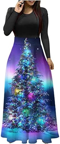 Vestidos maxi para mulheres 2022 Árvore de Natal 3D Impressão longa Manga longa O-Golago Praia Casual Sundress Dress