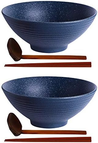 Kanwone Ceramic Japanese Ramen Bowl Conjunto, Sopa Bowls - 60 onças, com colheres e pauzinhos para Udon soba pho macarrão asiático,