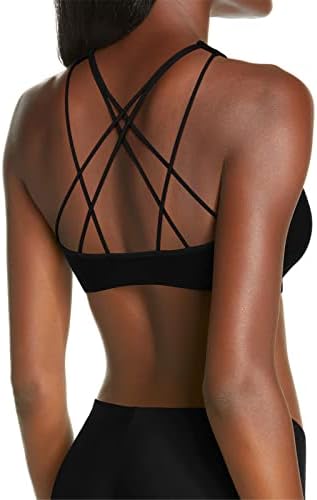 Movinow Sports Bra Strappy Yoga Brão acolchoado sem costura para mulheres Treino Removível Copas pretas
