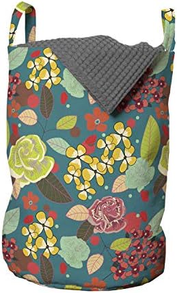 Bolsa de lavanderia de arte do jardim de Ambesonne, estilo desenhado à mão Plantas de cama coloridas rosas e flores silvestres