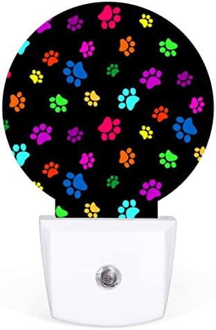 Luzes noturnas 2 pacote, colorido cachorro pata de gato estampa redonda em parede nightlights, lâmpada de sensor de luz