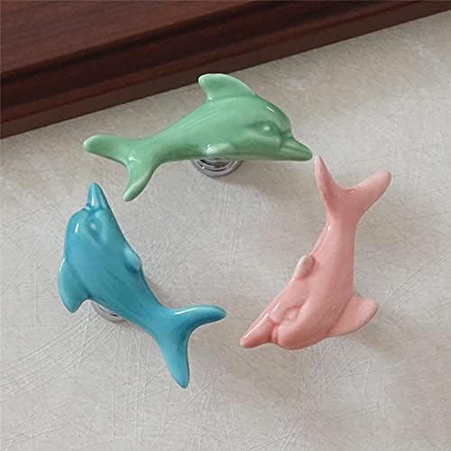 Botões coloridos de golfinhos, maçaneta de gaveta de cerâmica puxa crianças, alça de cômoda puxar o botão da porta