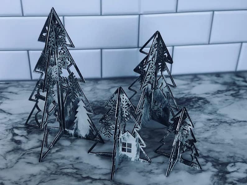 Árvores de Natal cênicas 3D fofas, decoração de casa de madeira, decoração de Natal, decoração de férias, prateleiras